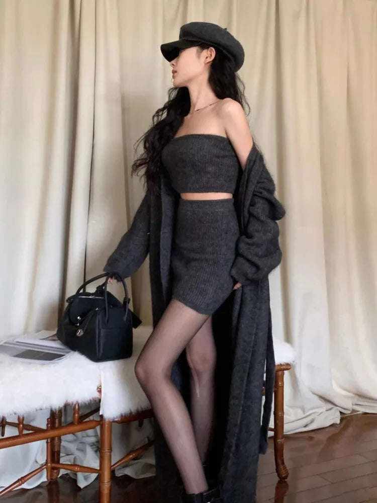 Autumn Winter New Knitted 3-piece Skirt Set Long Cardigan Strapless Crop Top Mini Skirt Y2k Korean Knitwear New