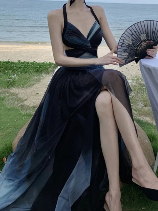 Halter Midi Dress Sleeveless Aline Party Beach Holiday Clothes Female Vestidos Robe