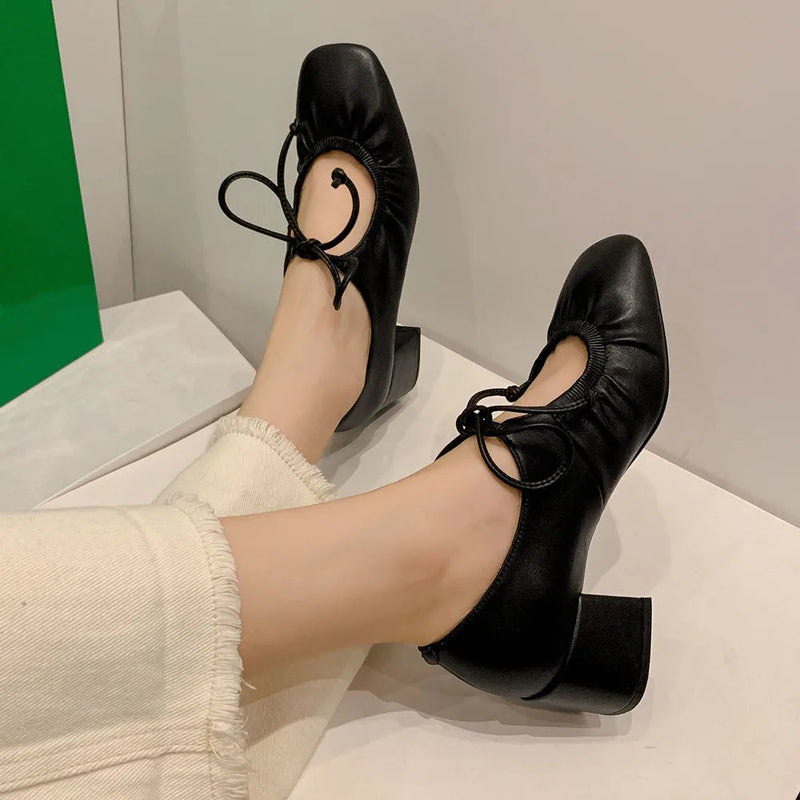 Mature Pumps Laceup Thick Heels Shoes Woman Spring Summer Office Lady Working Genuine Leather Pumps