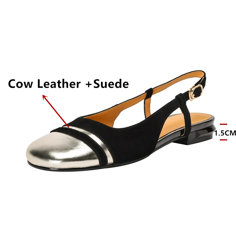 Classic Design Cow Leather Flats Shoes Slingbacks Summer Comfort Shoes Woman Round Toe Flats Shoes