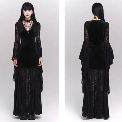 Gothic Black Midi Dresses V-neck Irregular Flrae Sleeve Y2k Lace Bandage Dark Style Harajuku Clothing New