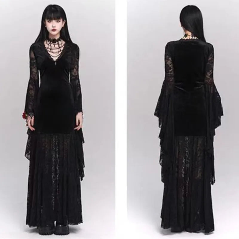Gothic Black Midi Dresses V-neck Irregular Flrae Sleeve Y2k Lace Bandage Dark Style Harajuku Clothing New