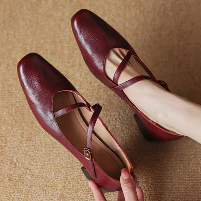 Genuine Leather Square Toe Slipon Pumps 4cm Thick Low Heel Ol Style Narrow Band Cross Strap Slim Shoes