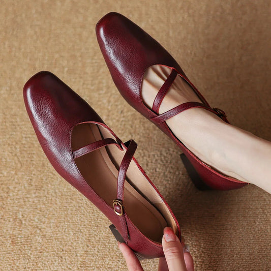 Genuine Leather Square Toe Slipon Pumps 4cm Thick Low Heel Ol Style Narrow Band Cross Strap Slim Shoes