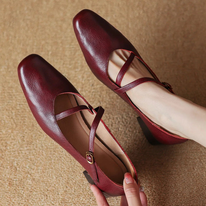Genuine Leather Square Toe Slipon Pumps 4cm Thick Low Heel Ol Style Narrow Band Cross Strap Slim Shoes