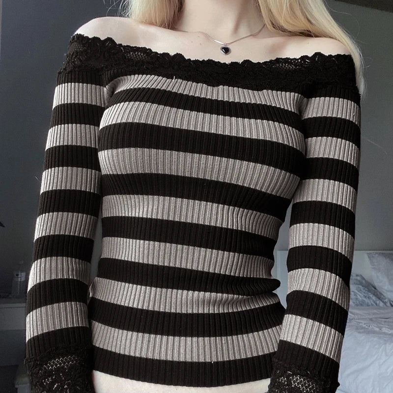 Y2k Striped Lace Sweater T-shirt Coquette Grunge Slim Fit Long Sleeve Tees Retro Cottage Kawaii Off Shoulder Crop Tops