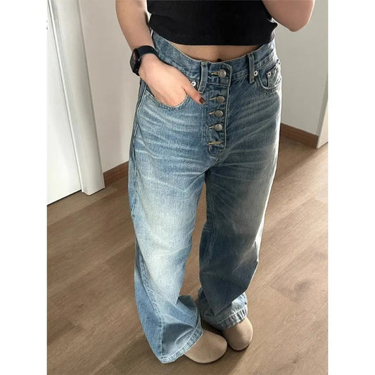 Straight Blue Jeans Woman Baggy High Waist Basic Denim Pants Korean Y2k Wide Leg Trousers