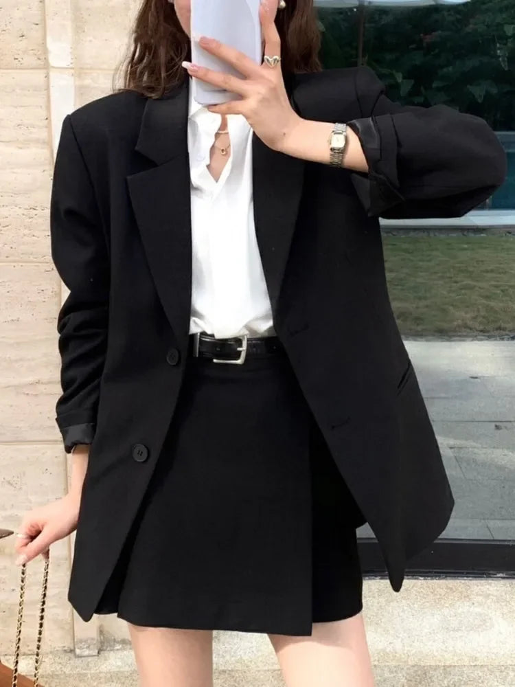 Korean Blazer Two Pieces Set Loose Jackets Coat Mini Skirts Suit Female Formal Outfits
