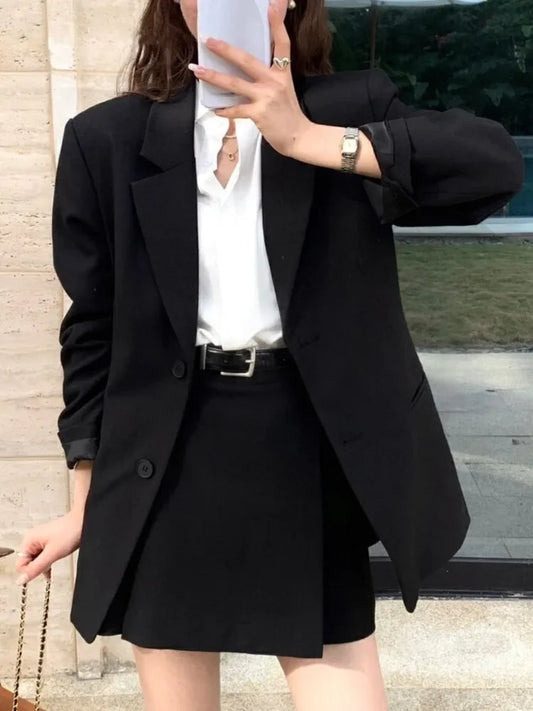 Korean Blazer Two Pieces Set Loose Jackets Coat Mini Skirts Suit Female Formal Outfits