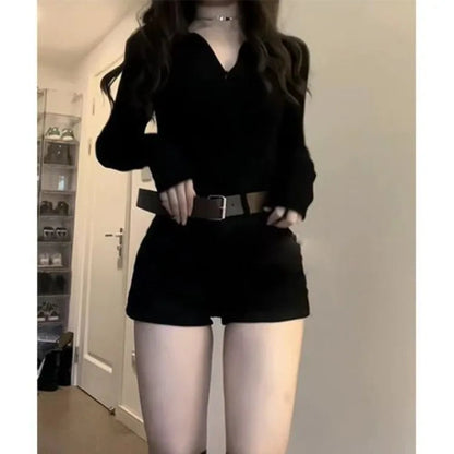 Korean Simple Vneck Long Sleeve Slim Fit Black Tops + Y2k Grunge High Waist Split Shorts Summer New Two Piece Sets