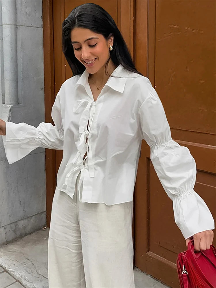 Chiffon Lace-up Hollow Out Shirts ’s Lapel Patchwork Bandage Long Sleeve Blouse Top Female White Outwear