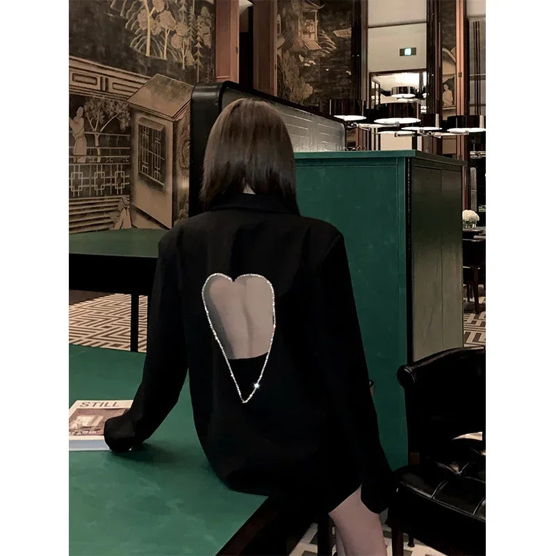 Black Blazers for Patchwork Diamond Heart Pattern Notched Long Sleeve Coats Female Autumn Clothes
