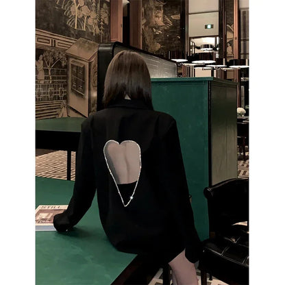 Black Blazers for Patchwork Diamond Heart Pattern Notched Long Sleeve Coats Female Autumn Clothes