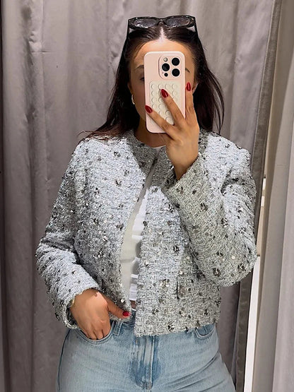 Spring Woman Silver Sequins Jacket Oneck Long Sleeves Cropped Coats Female Open Front Outerwear