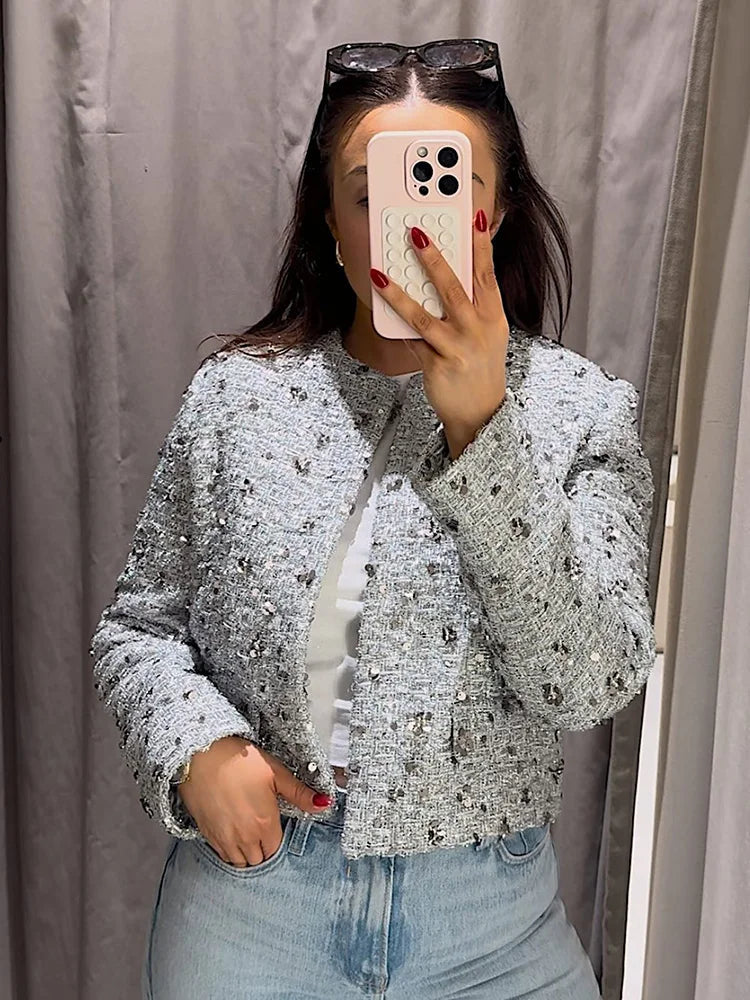 Spring Woman Silver Sequins Jacket Oneck Long Sleeves Cropped Coats Female Open Front Outerwear