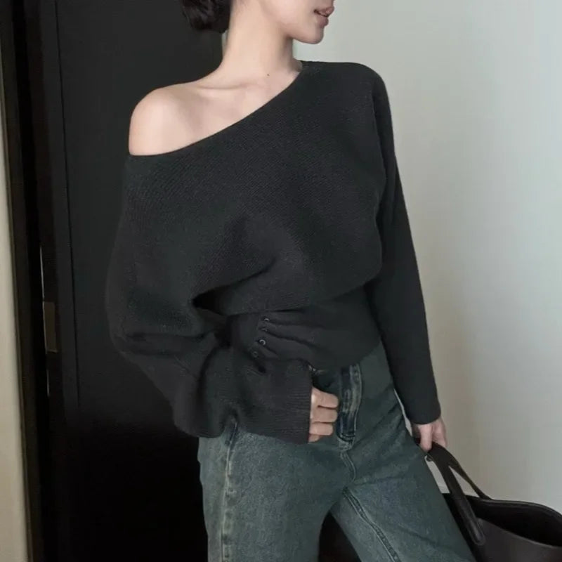 Strapless Color Longsleeved Sweater Autumn New Slant Collar Loose Button Pleated Knitted Tops