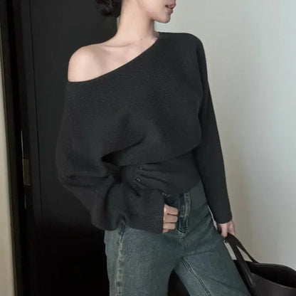 Strapless Color Longsleeved Sweater Autumn New Slant Collar Loose Button Pleated Knitted Tops