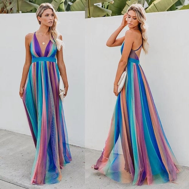 Rainbow Chiffon Spaghetti Strap Dresses Deep V-neck Backless Long Dress Evening Party Vestidos