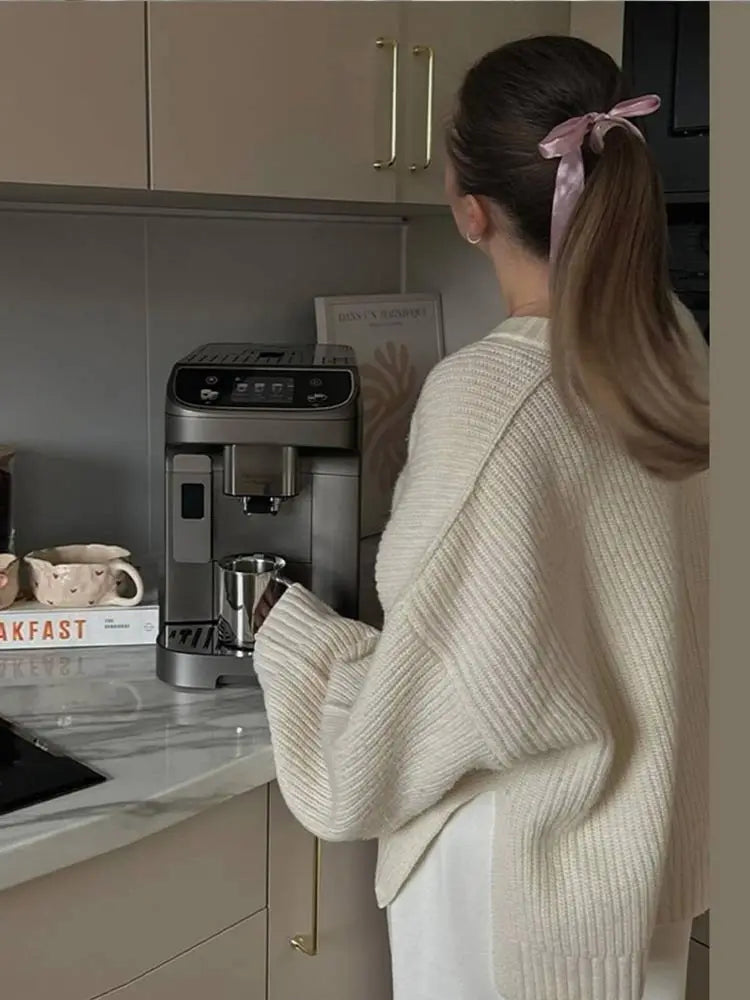 Split Hem Round Neck Sweater Flare Long Sleeves Loose Knitted Pullover Lady Warm Commuting Tops
