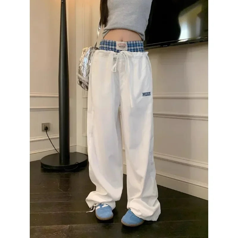 American Contrast Color Patchwork Loose Wide Leg Pants Autumn New High Waist Laceup Letters Embroidered Pants