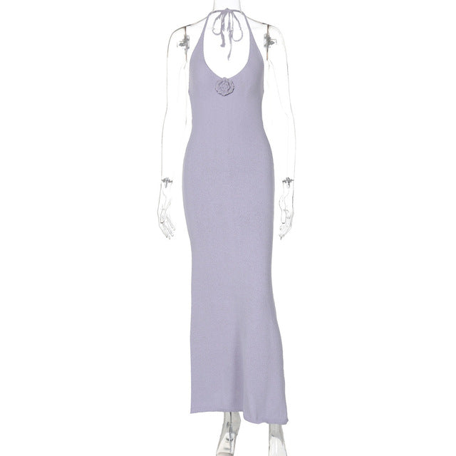 Halter V Neck Maxi Dress for Spaghetti Strap Sleeveless Backless Bodycon Long Knit Dress