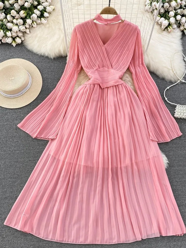 Autumn Flare Sleeve V-neck Midi Dresses for Pleated A-line Party Dress Korean One Piece Vestidos New