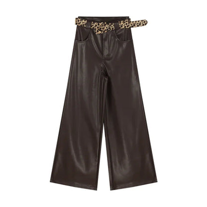 Color Allmatch Leather Wide Leg Pants Winter New High Waist Leopard Belt Loose Pants