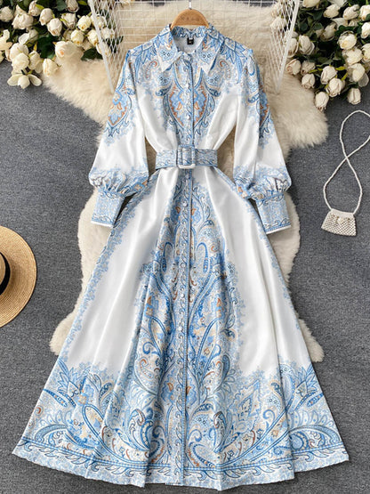 Retro Printed Party Dress Polo Collar Long Sleeve Long Dresses Spring Autumn French Single Breasted Shirt Dress