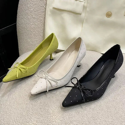 Rhinestone Bow Decoration Pumps Pointed Toe Satin Thin High Heels Banquet Shoes Mules Loafers