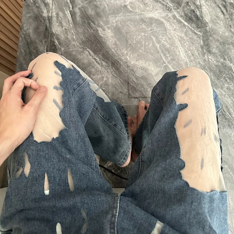 High Street Hollow Mesh Patchwork Jeans Summer New High Waist Distressed Washed Denim Wide Leg Pants