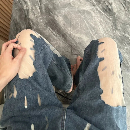High Street Hollow Mesh Patchwork Jeans Summer New High Waist Distressed Washed Denim Wide Leg Pants