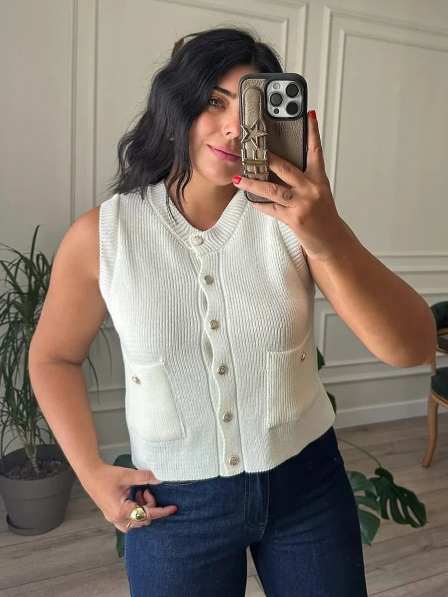 Pocket Cardigan Vest O Neck Single Breasted Sleeveless Knit Waistcoat New Simple Sweater Jacket