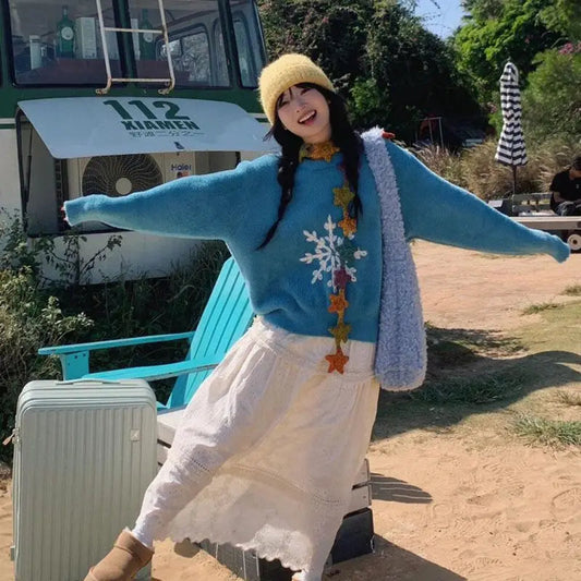 Korean Round Neck Sweater College Style Christmas Blue Snowflake Hook Pattern Imitation Mink Fur Pullover Winter