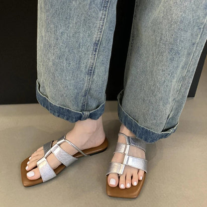 Designer Set Toe Flat Sandals Square Head Hollow Slippers Summer Party Soft Bottom Beach Shoes Flip Flops