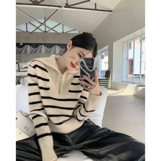 ’s Autumn Winter New Retro Lapel Half Zipper Contrasting Stripes Sweater Long Sleeved Loose Knitted Coat