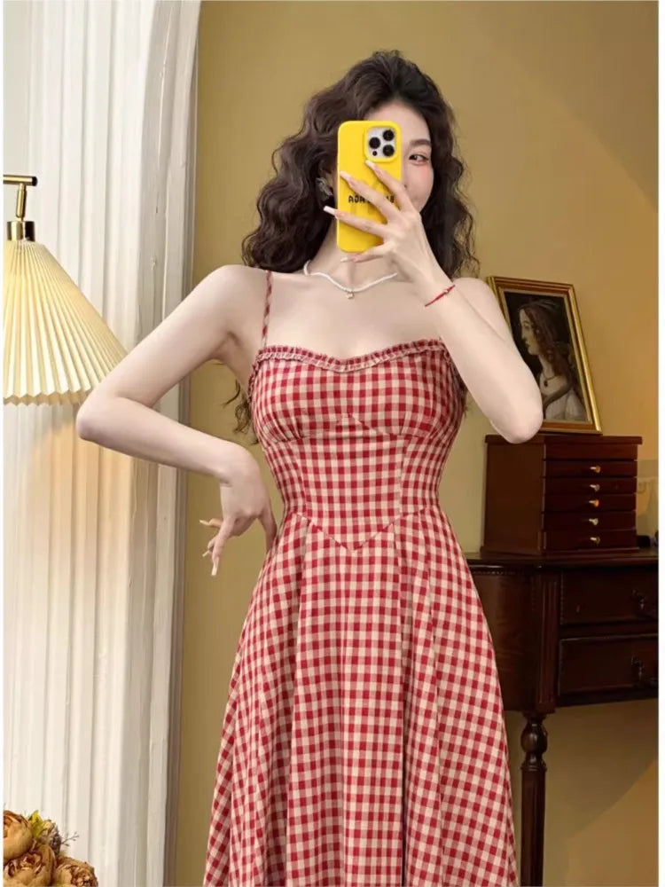 Plaid Midi Dress French Spaghetti Strap Aline Spring Summer Holiday Beach Style Prom Robe Vestidos Mujer