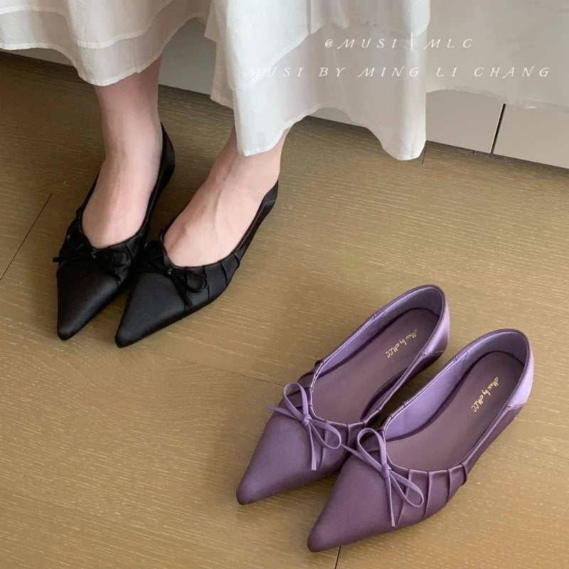 Satin Pleated Bow Flat Shoes Pointed Toe Brand Design Party Dress Shoes Comfortable Shallow Pumps