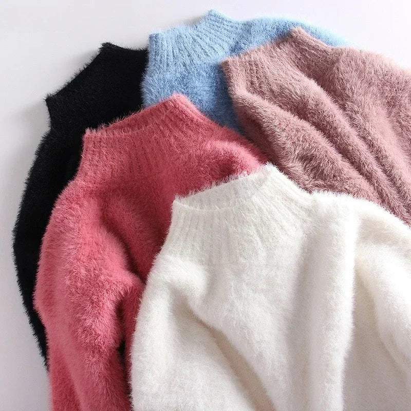 Winter Mink Faux Cashmere Thick Sweater Jumper White Pull Femme Loose Pullover Knitted Fluffy Sweaters for Winter