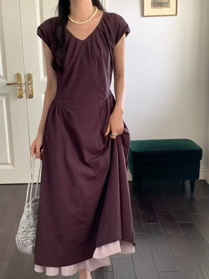 French Retro Patchwork Contrasting Short Sleeved Dress Summer New Design Slimming Waist Long Dresses