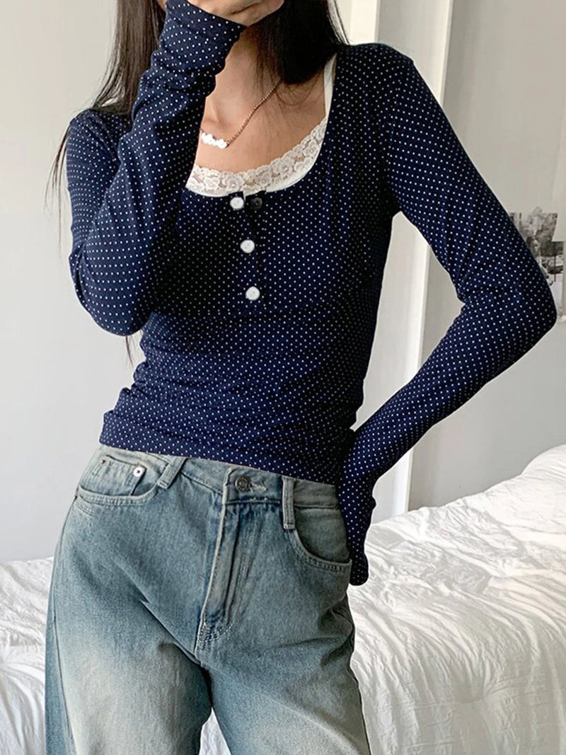 Dot Print Slim Y2k Long Sleeve T-shirt Contrast Lace Patchwork Button Up Square Collar Japanese Kawaii 2000s Tees