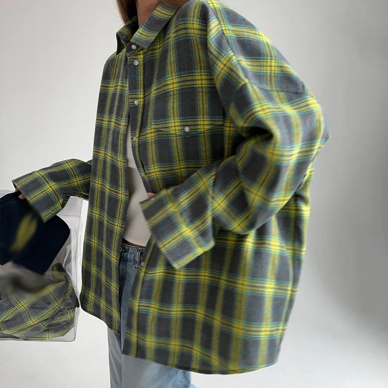Single Breasted Lapel Shirts Spring Plaid Print Loose Office Blouses New Autumn Long Sleeve Long Top Jacket