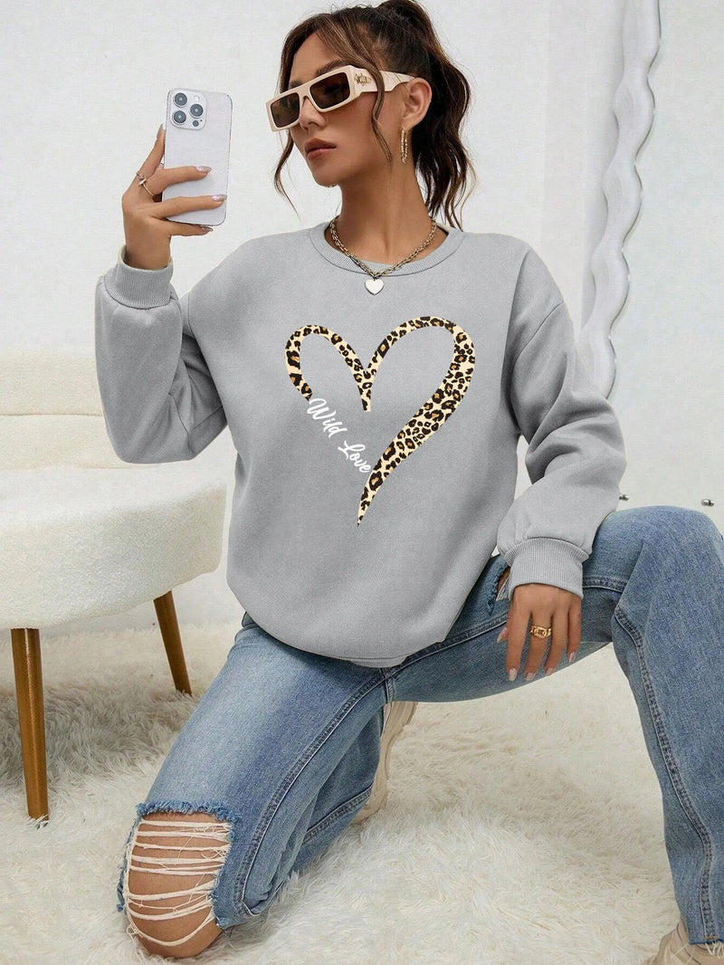 Leopard Wild Heart Pattern Print Female Sweatshirt Street Fur-liner Hooded Hipster New Hoodies All-match Crewneck Tracksuit