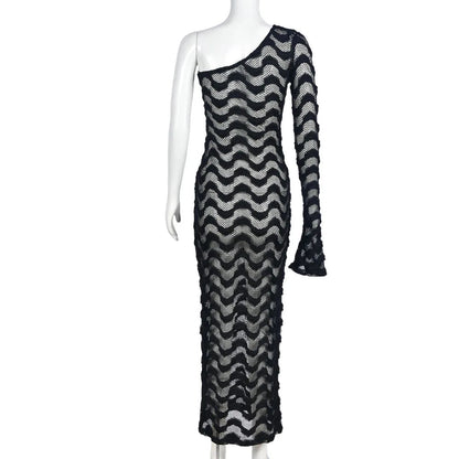 One Shoulder Flare Sleeve Beach Dress See Through Slim Maxi Dress Long Dress Holiday Beach Outfit