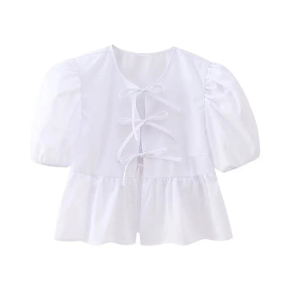 Summer Woman Bow Tied Lace Up Shirts Puff Short Sleeves Blouse Oneck Ruffle Color Tops