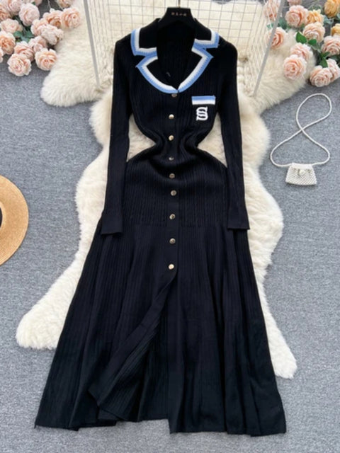 Knitted Dress Spring Autumn Long Sleeve V-neck Bodyon Dresses Slim A-line Single Breasted Sweater Robe
