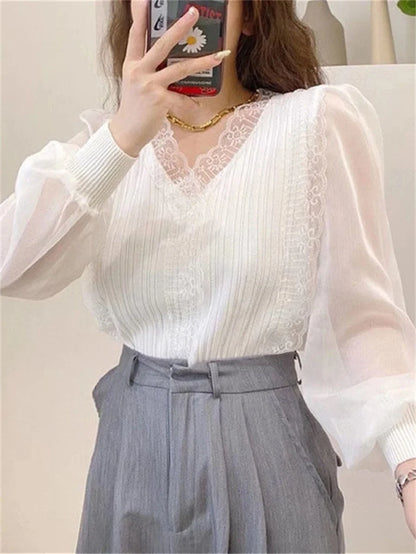 Spring Autumn Style Blouses Tops Lady Long Sleeve V-neck Lace Blusas Tops Df4452