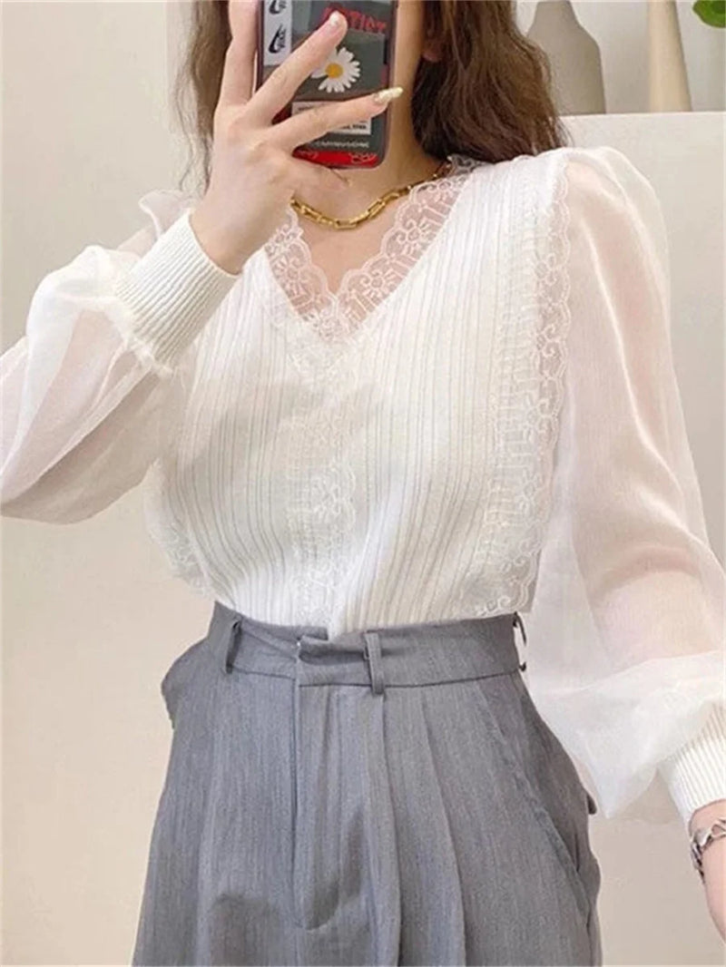 Spring Autumn Style Blouses Tops Lady Long Sleeve V-neck Lace Blusas Tops Df4452