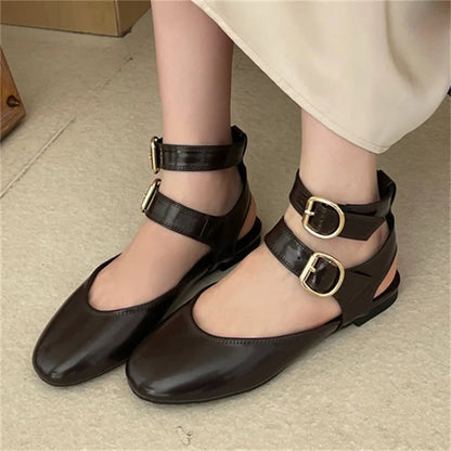 New Design Narrow Band Buckle Strap Flats Shoes Round Toe Party Dress Shoes Big Size 43