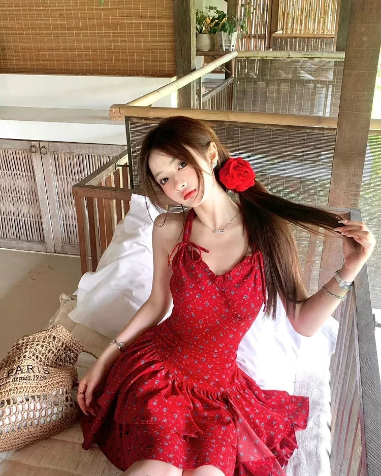 Woman Dresses Printed Sleeveless Halter Irregular Ruffles Bow Bandage Backless Mini Dress Sweet Party