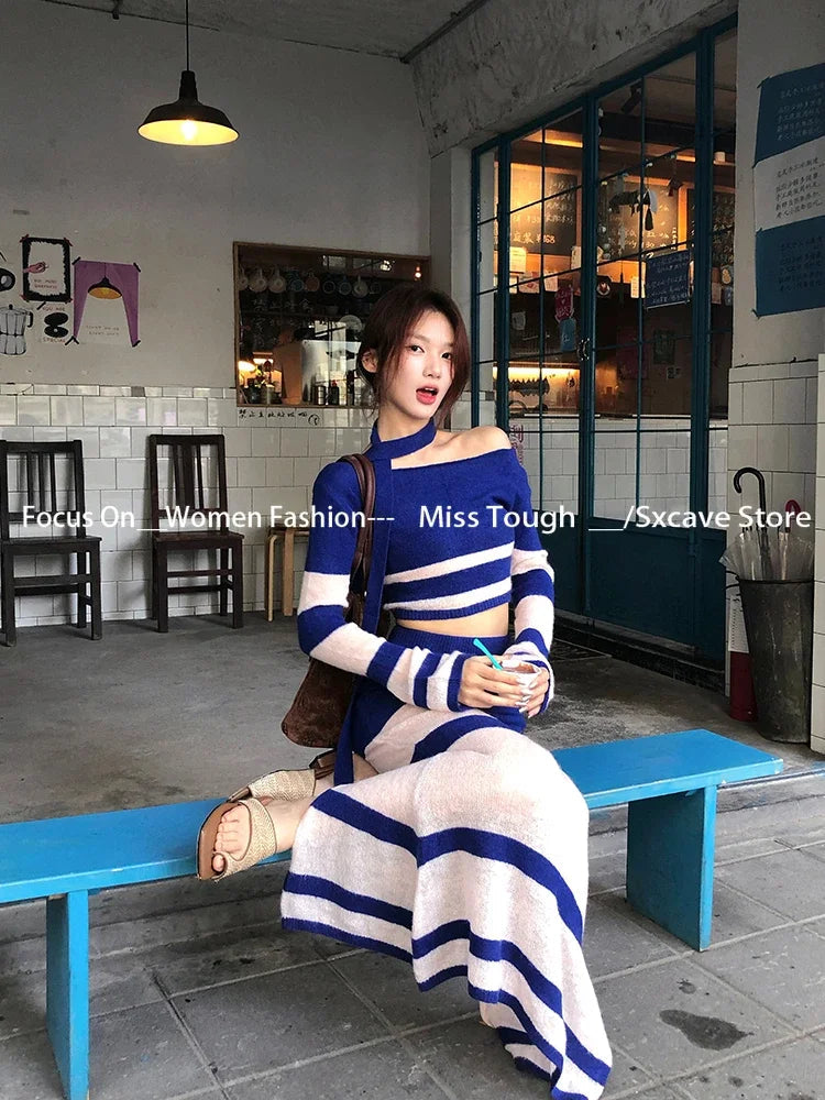 Korean Knitted Sweater Suits Long Sleeve Thin Bodycon Striped Pullover + Midi Skirts 2 Piece Sets Outfits